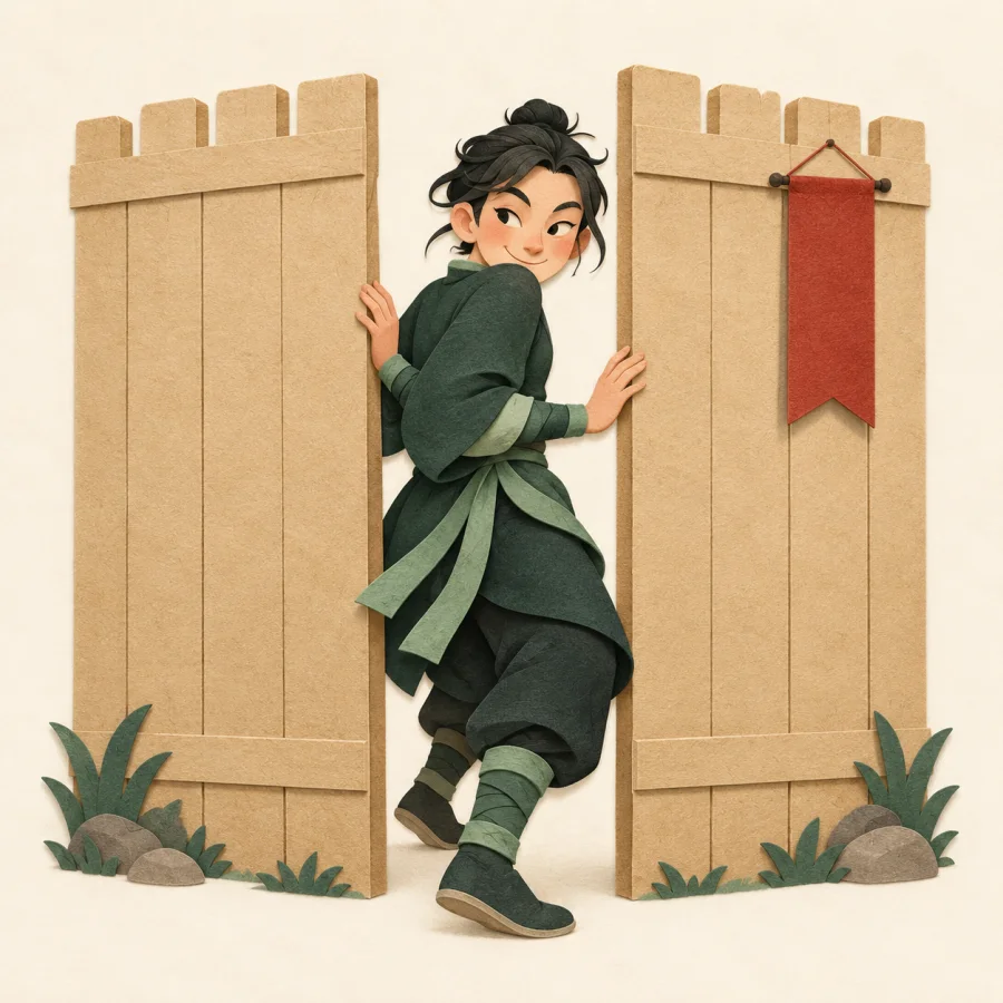 A person squeezing through a gap between two tall fence panels