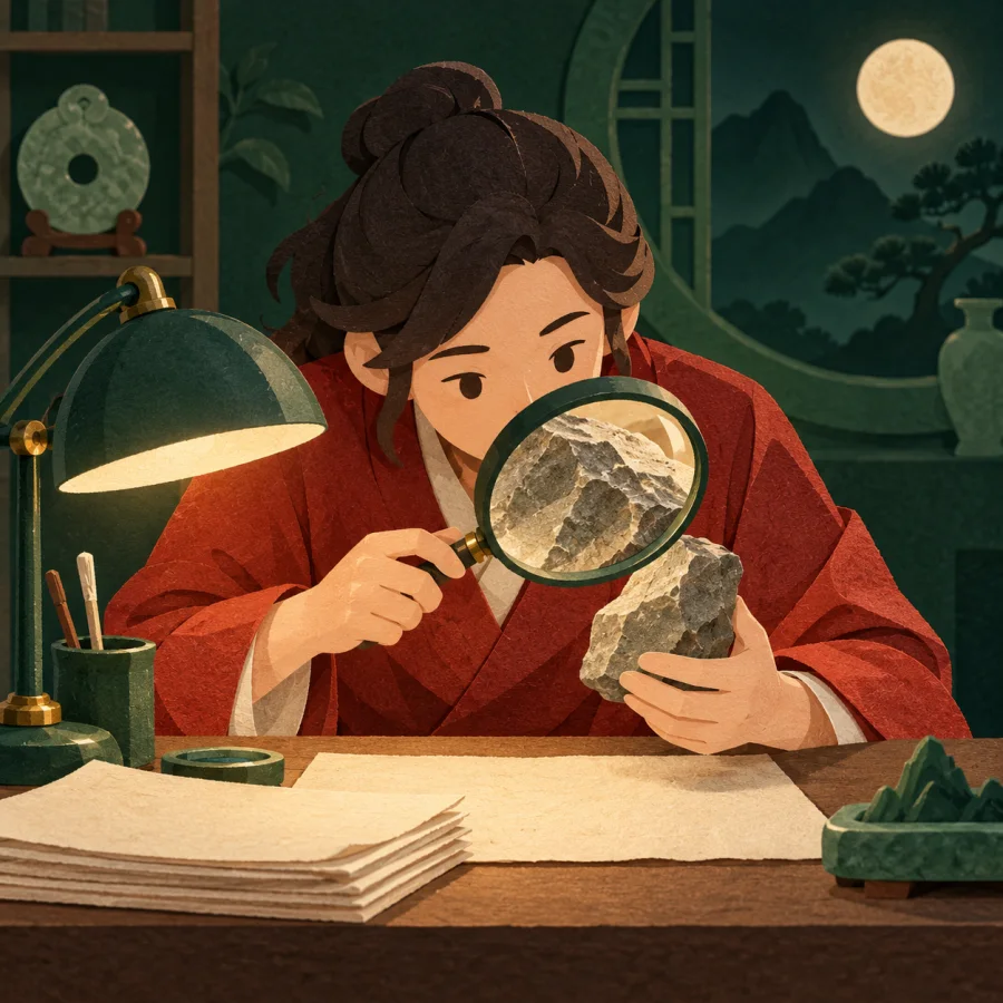 A person studying a weathered stone artifact through a magnifying glass at night