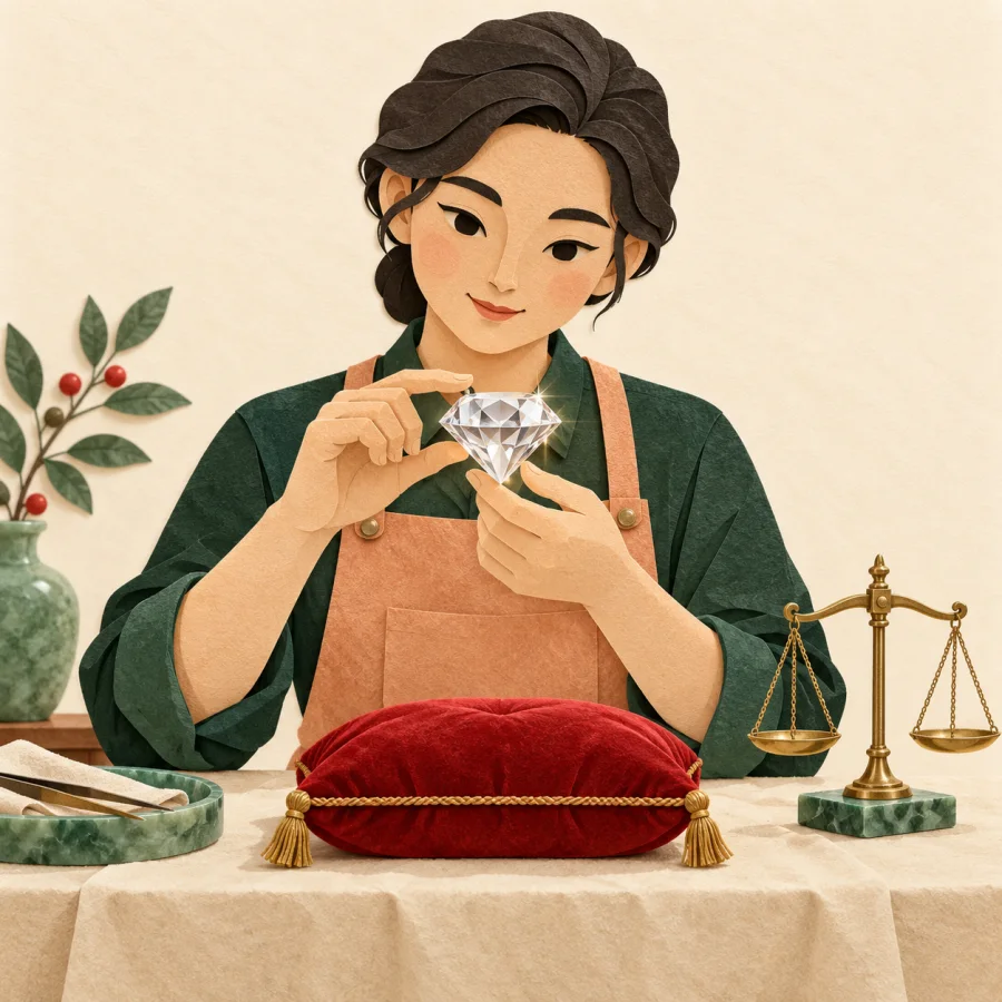 A jeweler holds a large glass diamond above a red velvet cushion