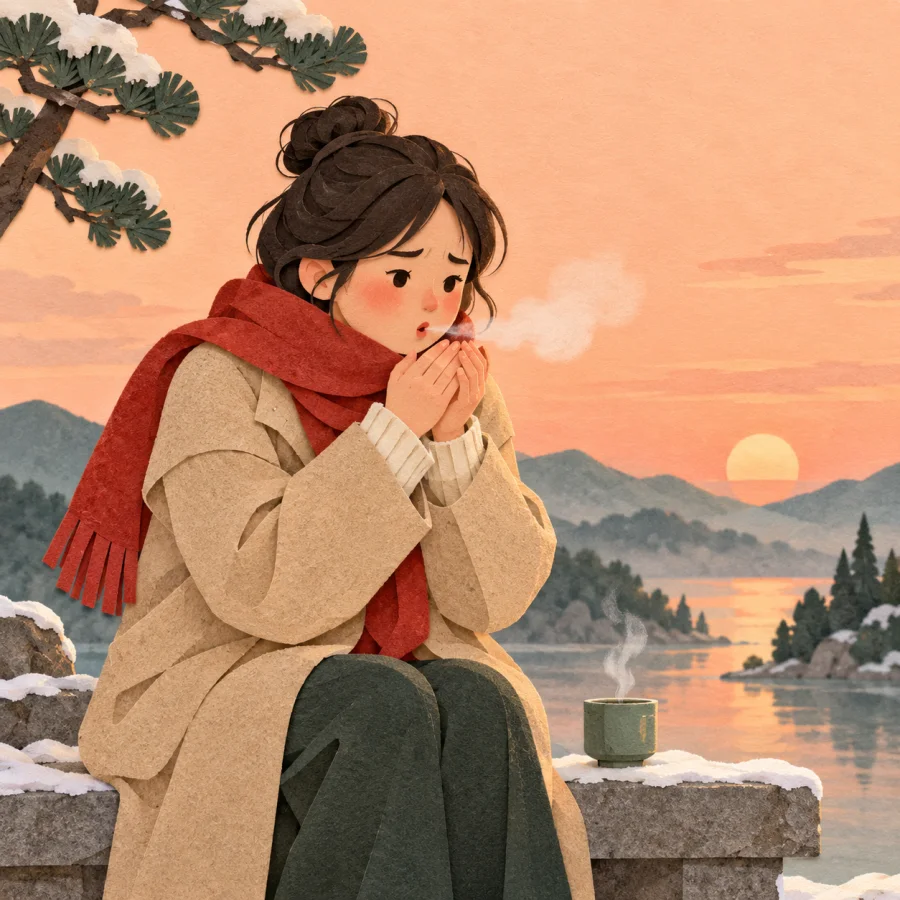 A person in a coat warming their hands with their breath on a cold evening