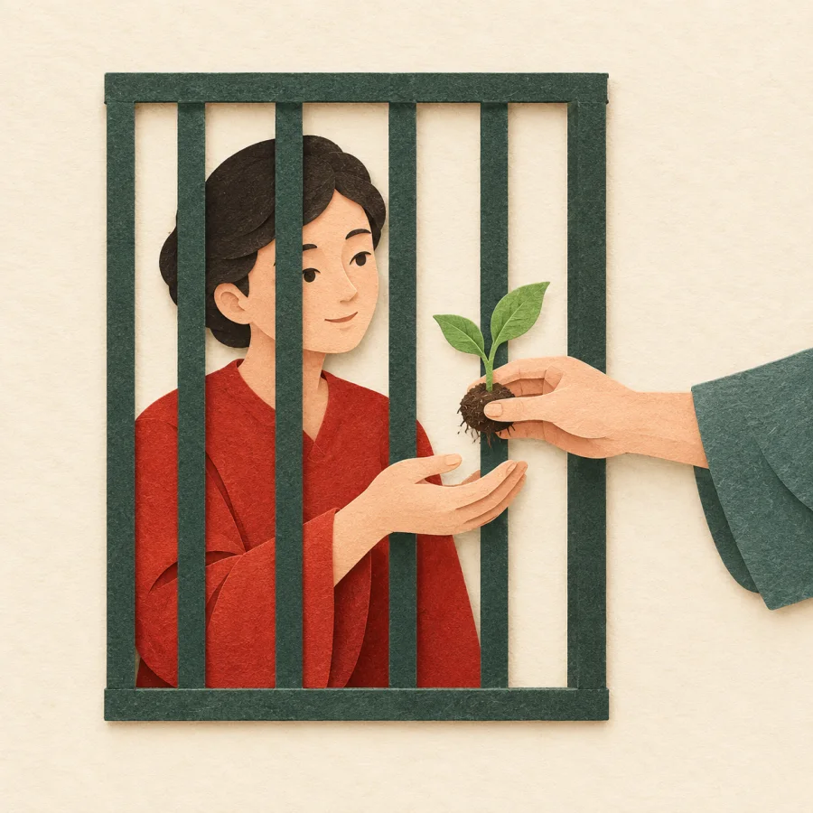 A hand passes a green seedling to a person standing behind tall bars