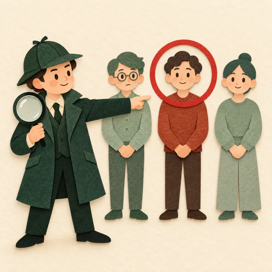 A detective points out the guilty figure among a line of suspects