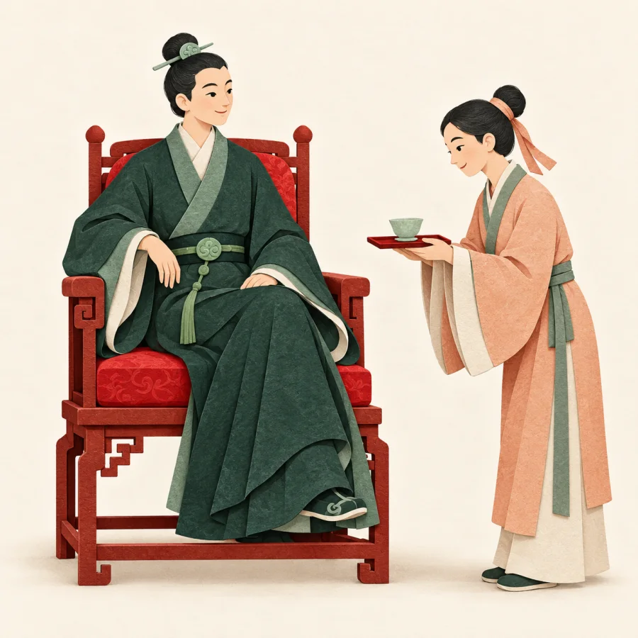 A noble person sits raised above others while tea is offered
