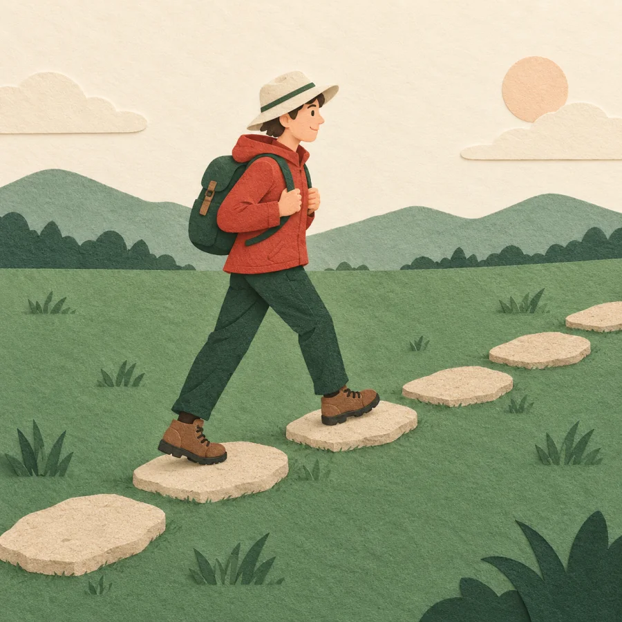 A hiker steps exactly along a line of marked stones