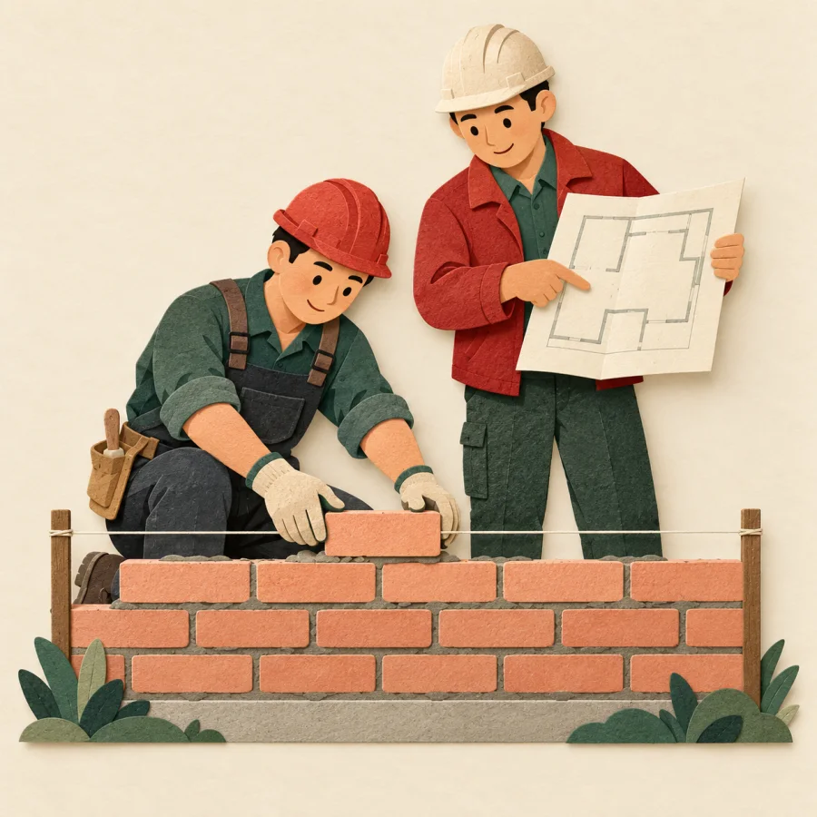 A worker lays bricks following a foreman's pointing hand