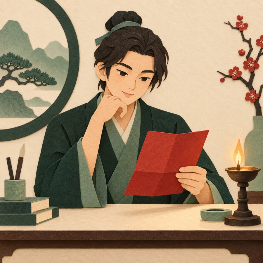 A person sits at a desk thoughtfully pondering a letter