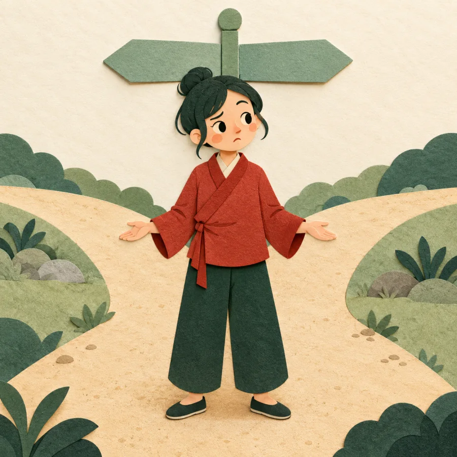 A puzzled person at a crossroads turning their head left and right