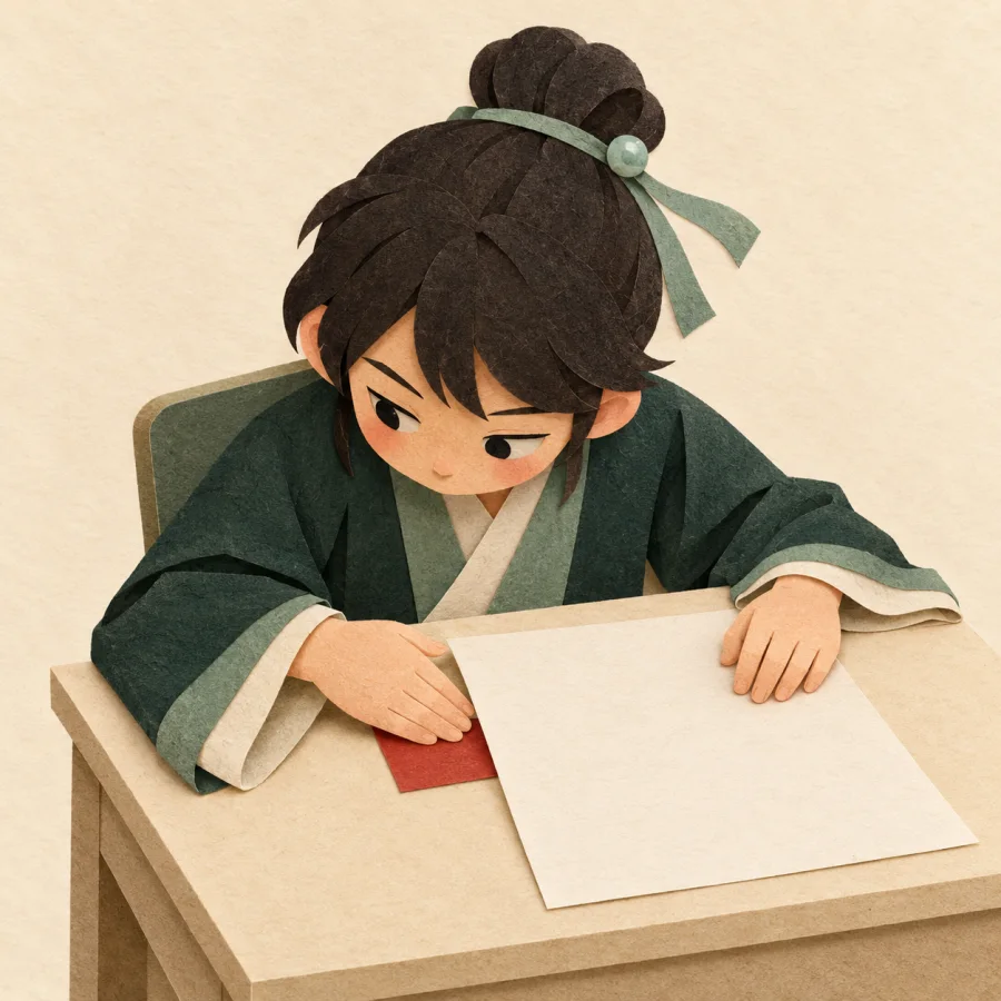 A student secretly peeks at a hidden paper at a desk