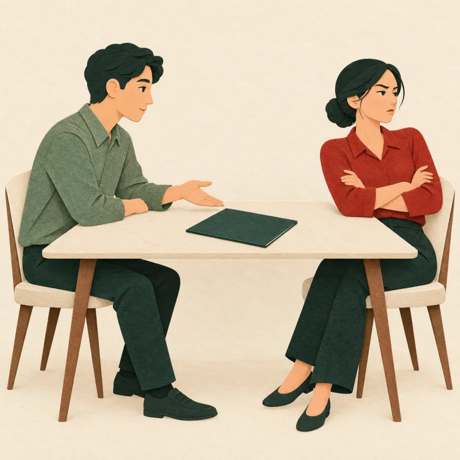 Two people facing each other with crossed arms in disagreement