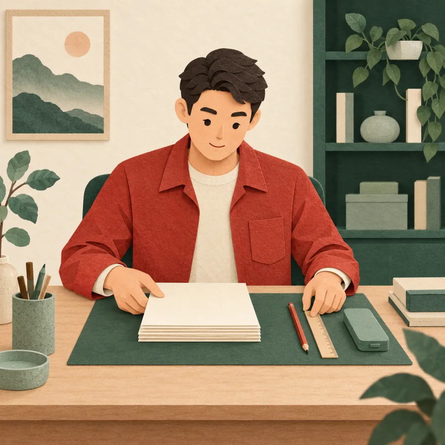 A tidy worker arranging papers on his desk in an office
