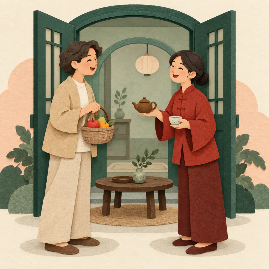 A guest with a fruit basket at a doorway, a host serving tea