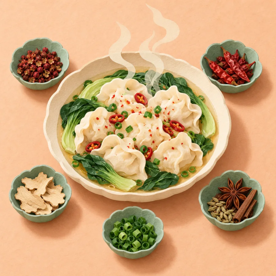 Small bowls of seasonings arranged beside a finished dish