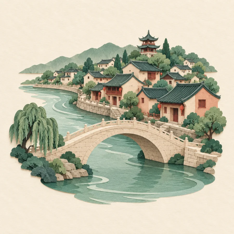 An old town with tiled rooftops on a river bend