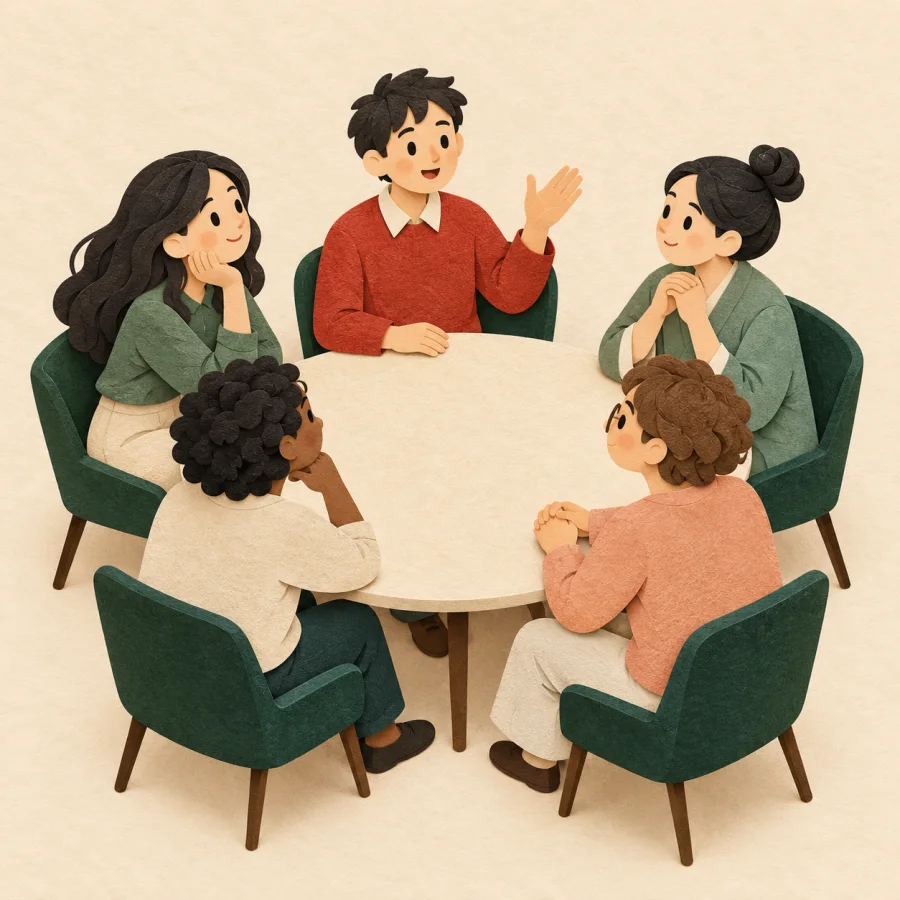 People seated around a round table, one raising a hand to speak