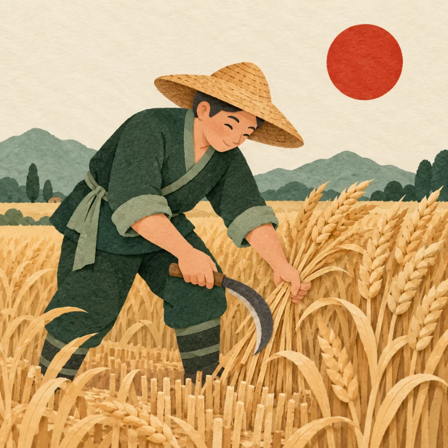 A farmer harvests a wheat field with a sickle