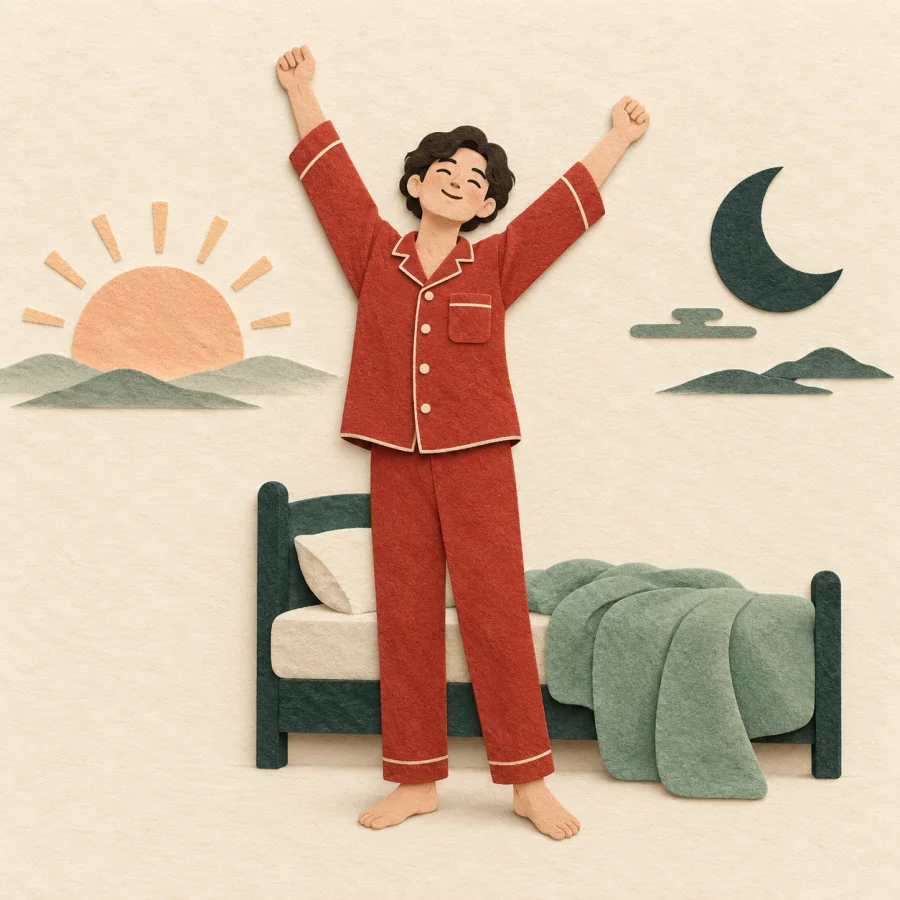 A person wakes up by a bed under sun and crescent moon