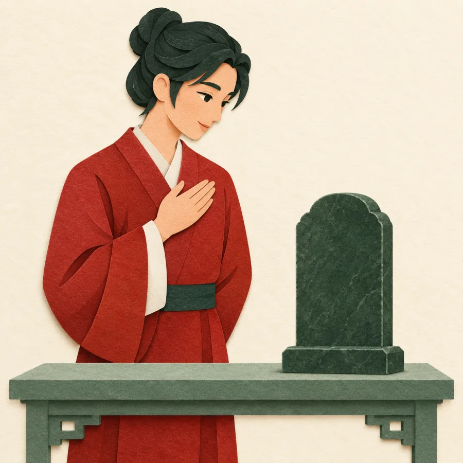 A person gazes at a small stone stele on a desk