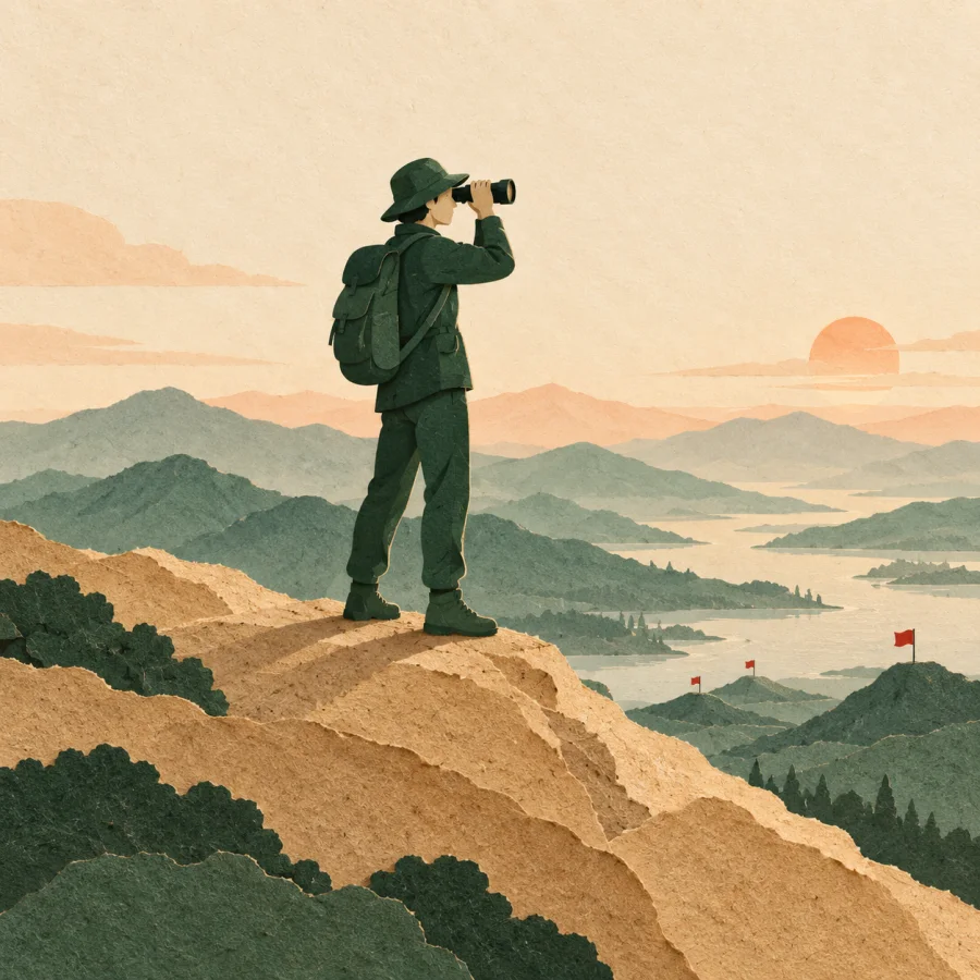 A scout observes the horizon with binoculars from a hill