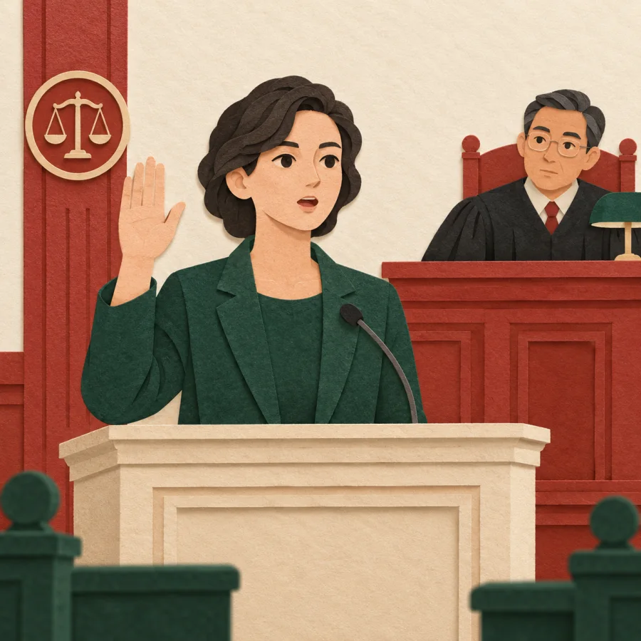 A witness stands with a raised hand before a judge's bench