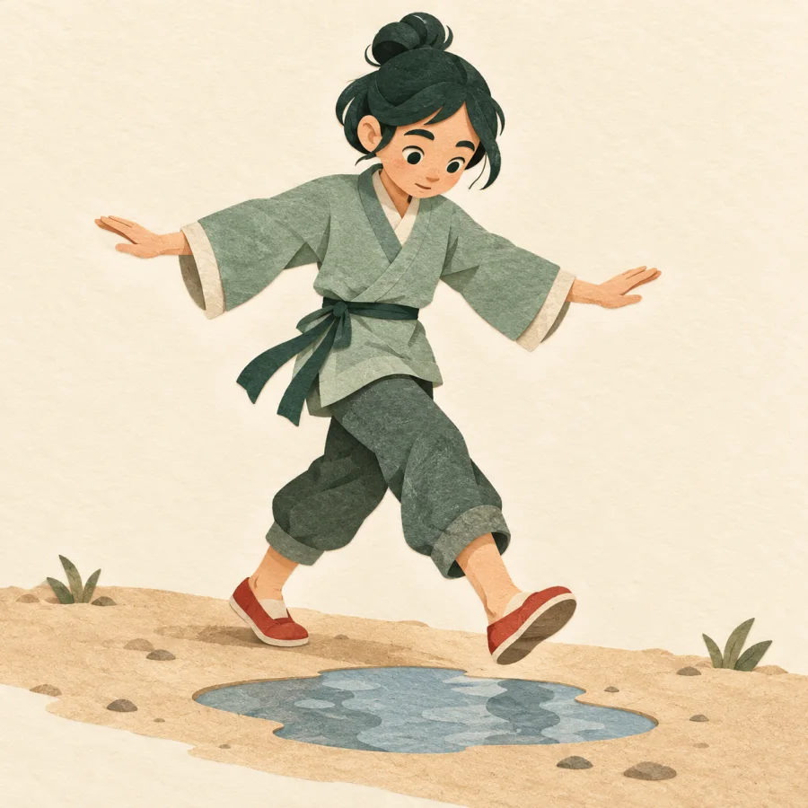 A person stepping over a puddle