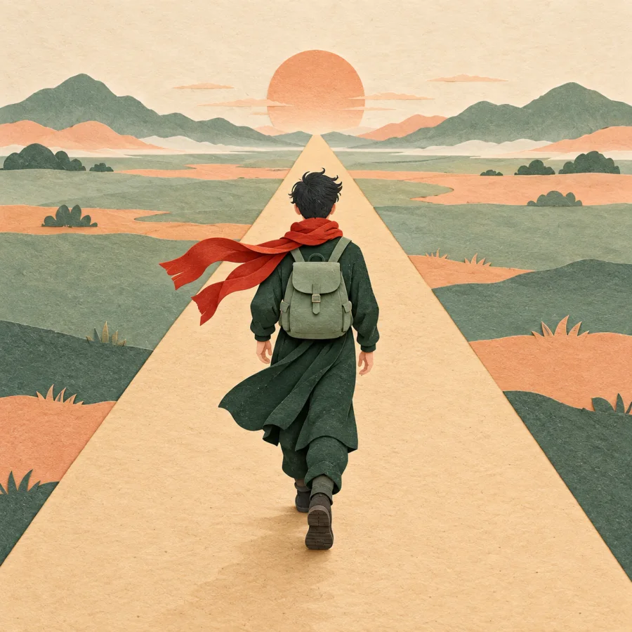 A traveler walking along a straight path
