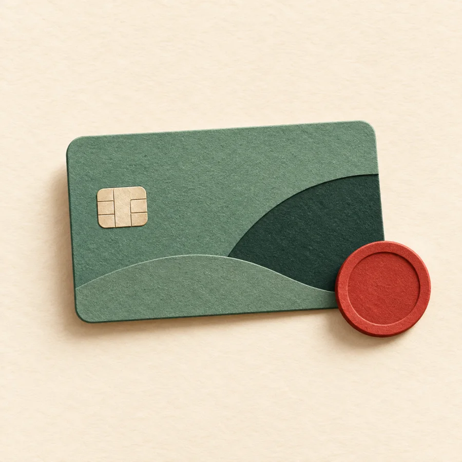 A payment card beside a coin
