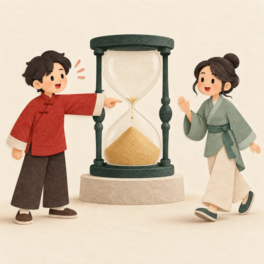 A person pointing to an hourglass