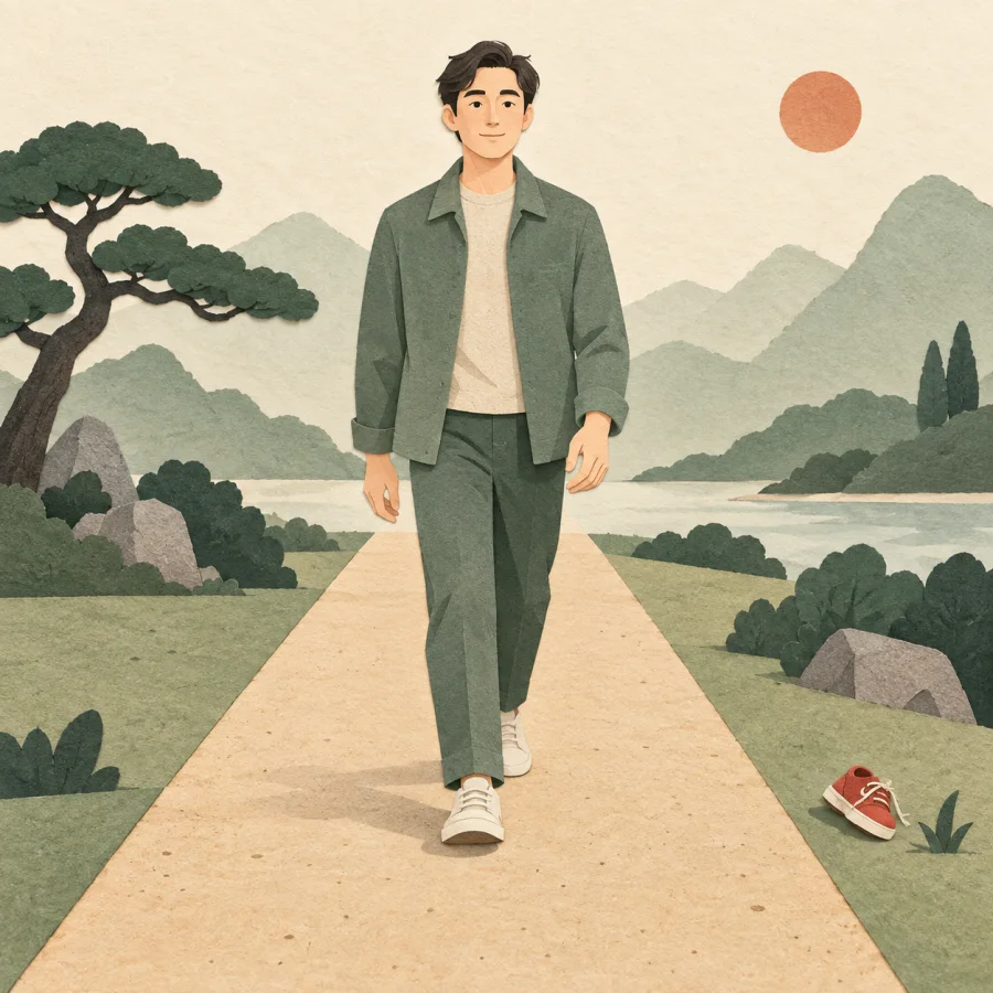 A person walking on a straight path