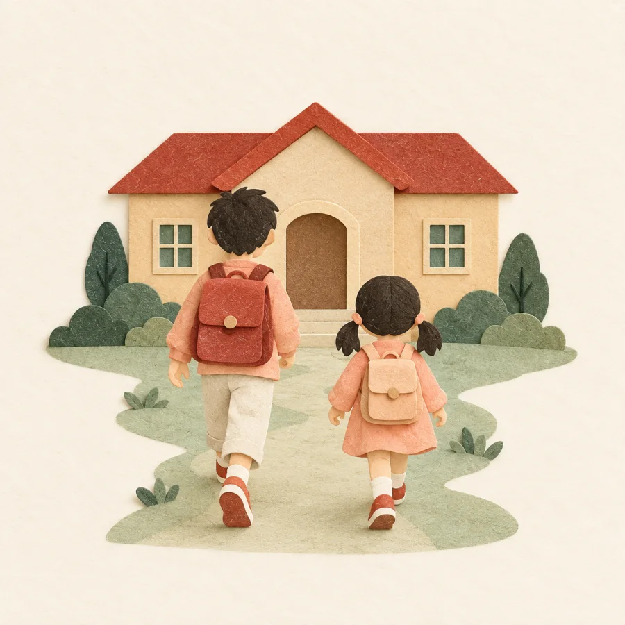 Two children walking to school