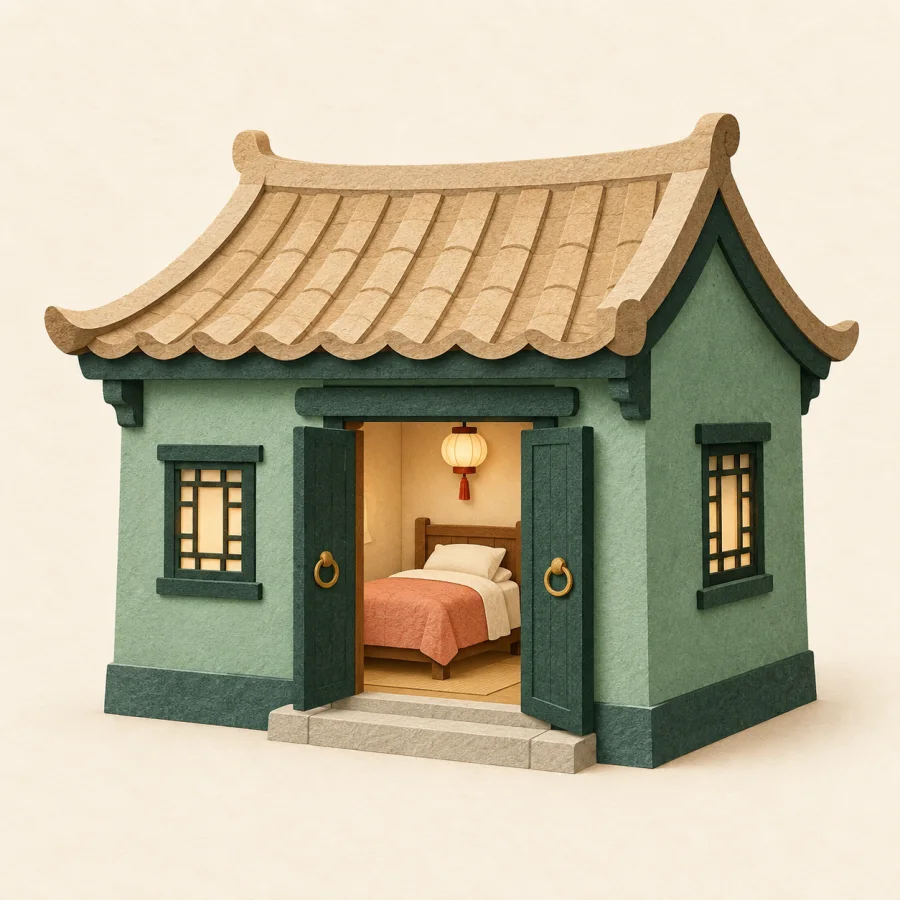 Una casa pequeña con una cama