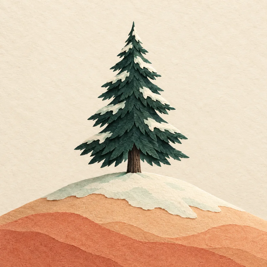 Uma árvore sob a neve no topo