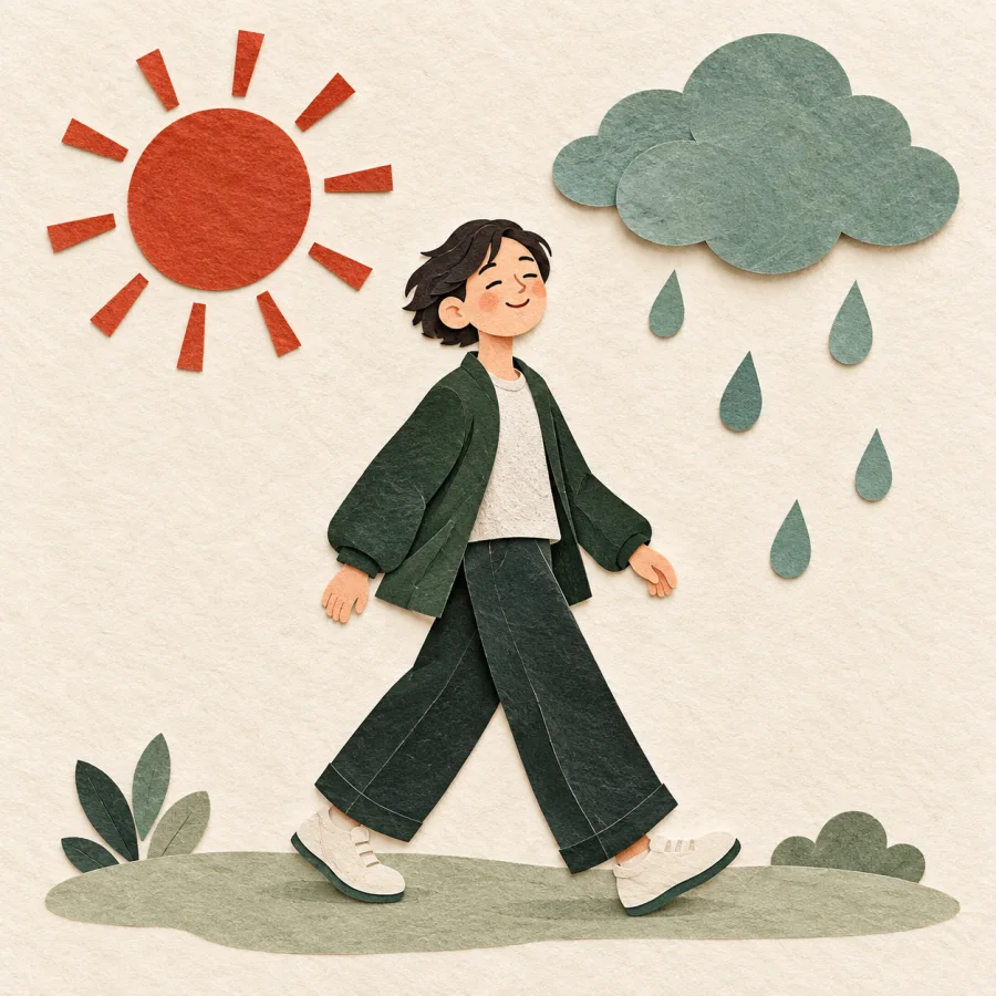 Uma pessoa caminhando sob sol e chuva