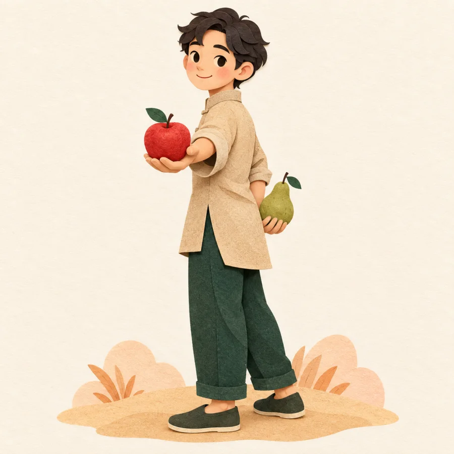 Une personne qui tend deux fruits