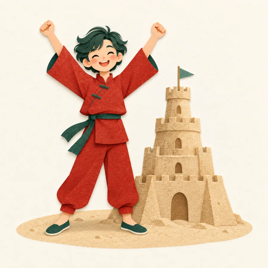 A person celebrating beside a tower