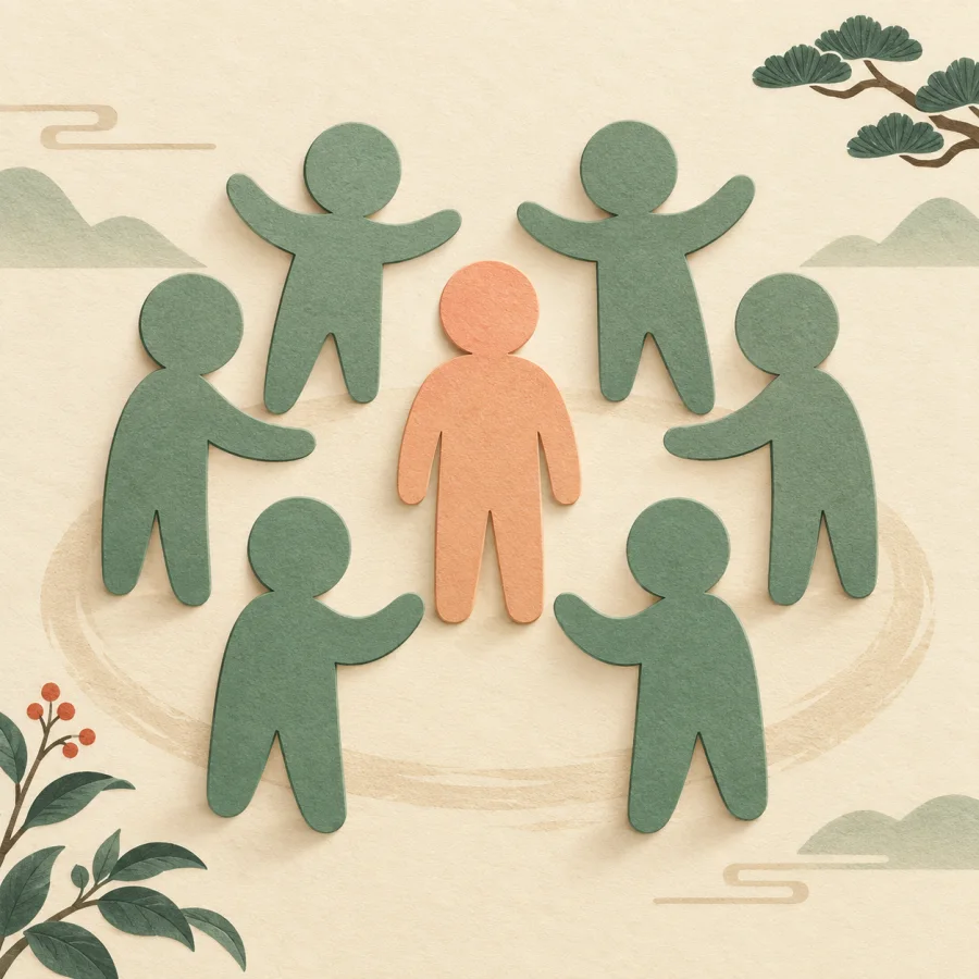A person inside a group circle