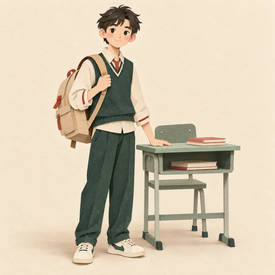 Ein Teenager neben einer Schulbank