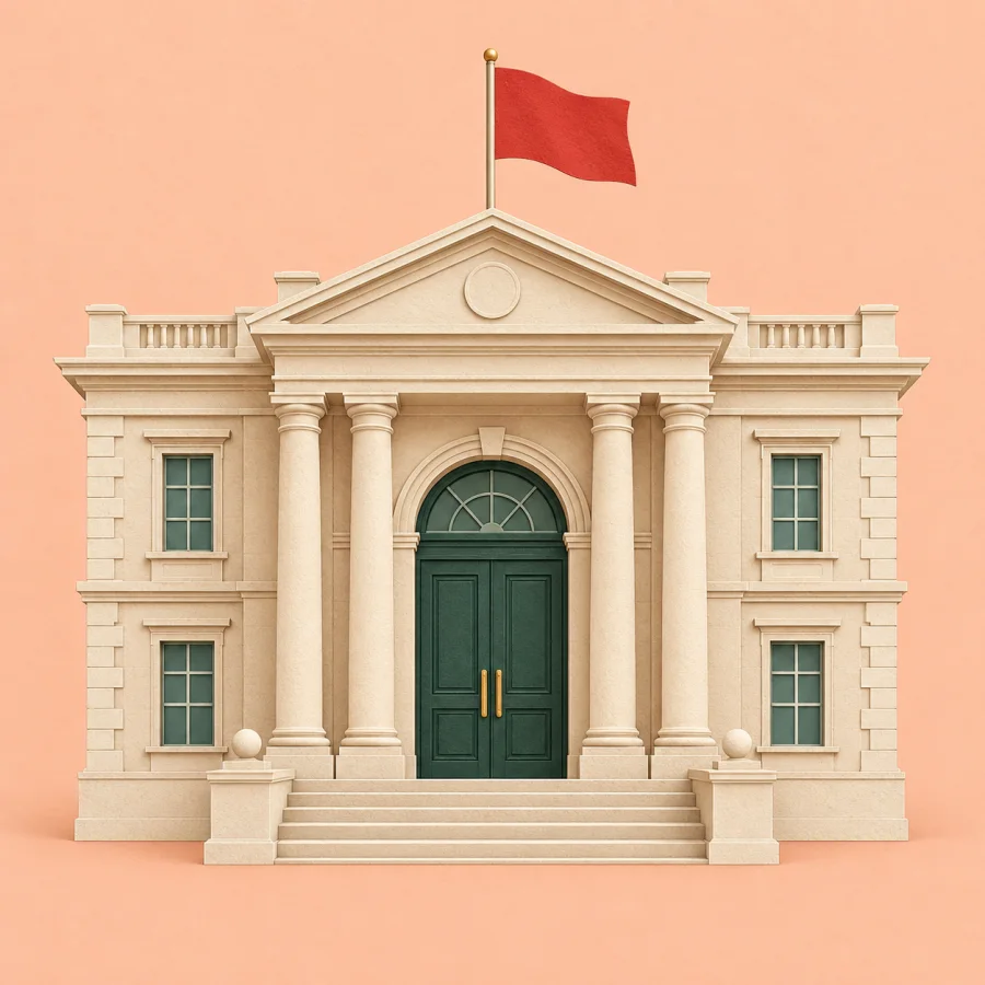 Um prédio de embaixada com uma bandeira