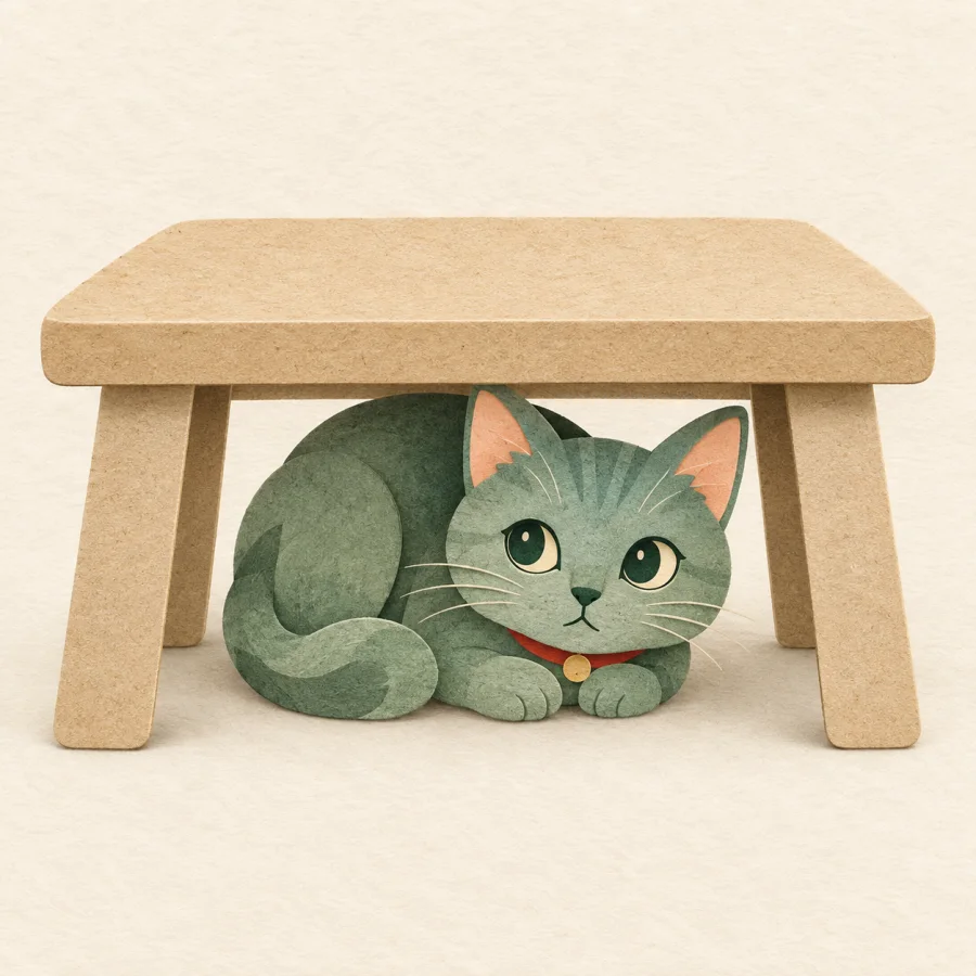 Eine Katze unter einem Tisch