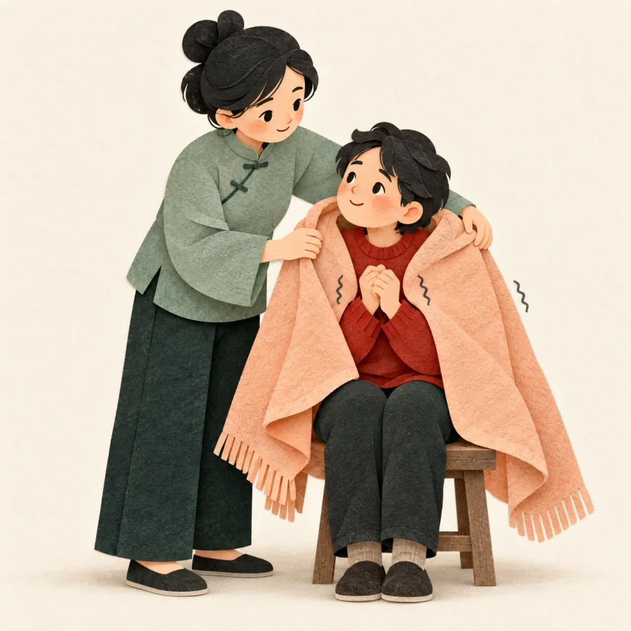 คนกำลังห่มผ้าคลุมให้อีกคน