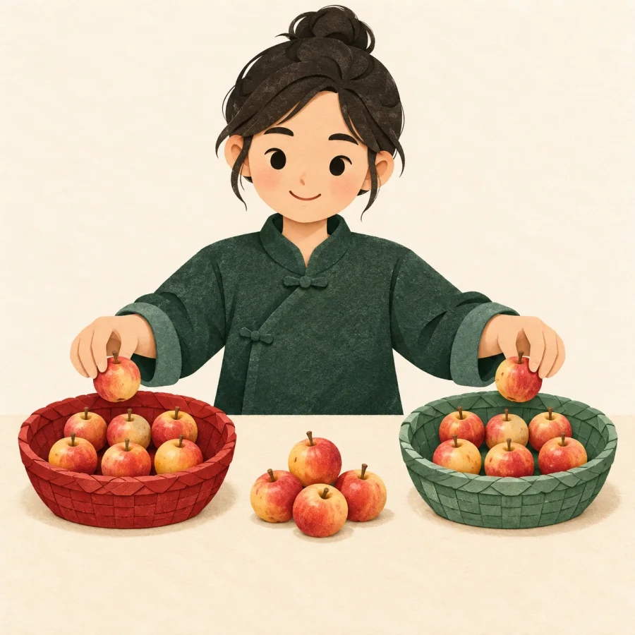 Une personne qui répartit des fruits dans des paniers