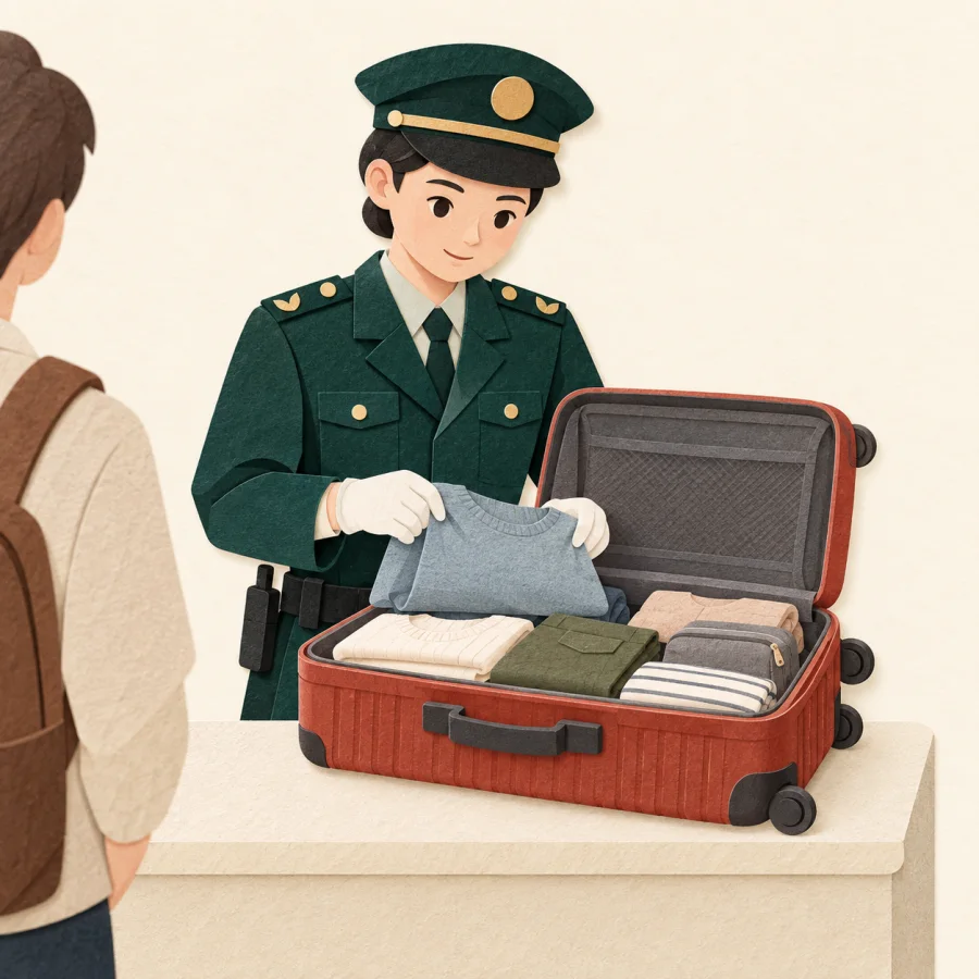 Un agente aduanero revisando una maleta
