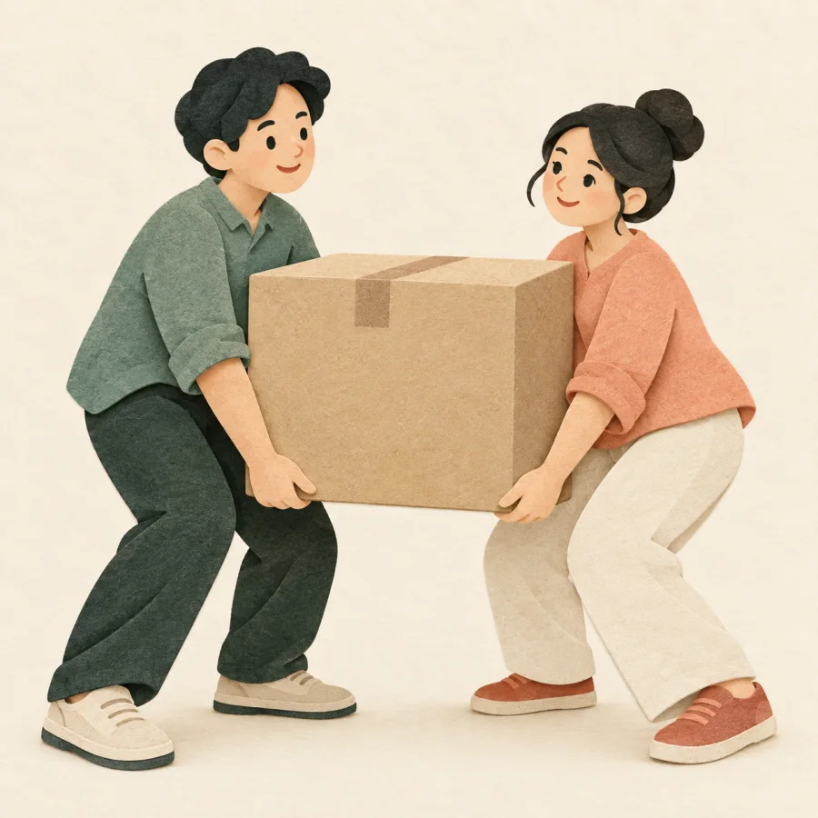 สองคนช่วยกันยกกล่อง