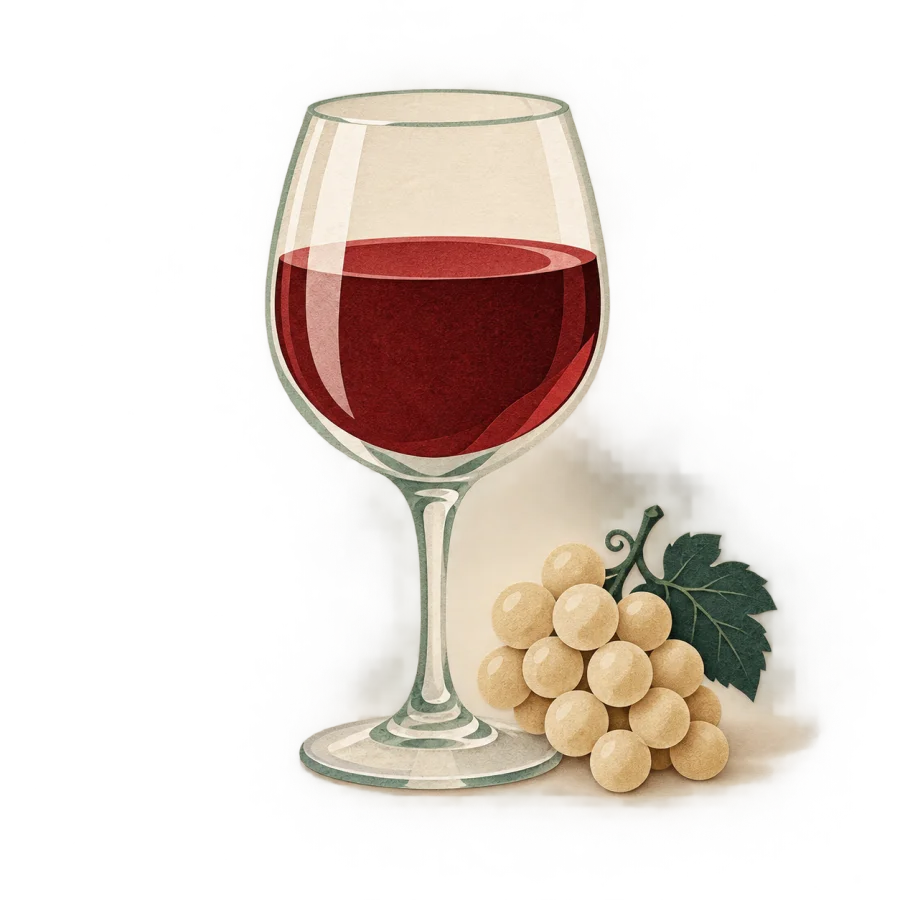 Segelas anggur merah dengan buah anggur