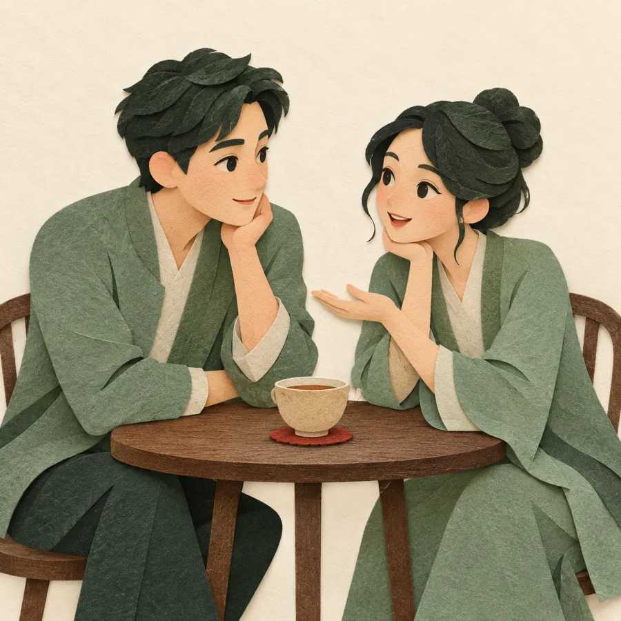 สองคนกำลังคุยกันระหว่างดื่มชา