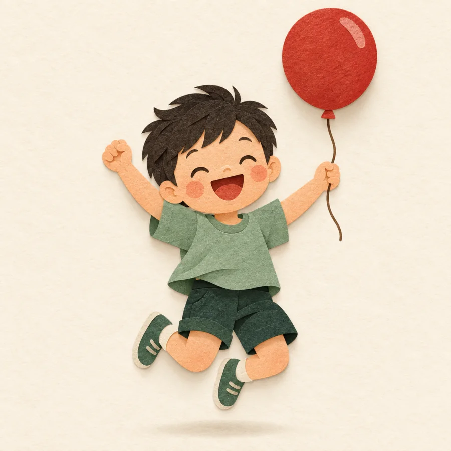 Una criatura saltando con un globo
