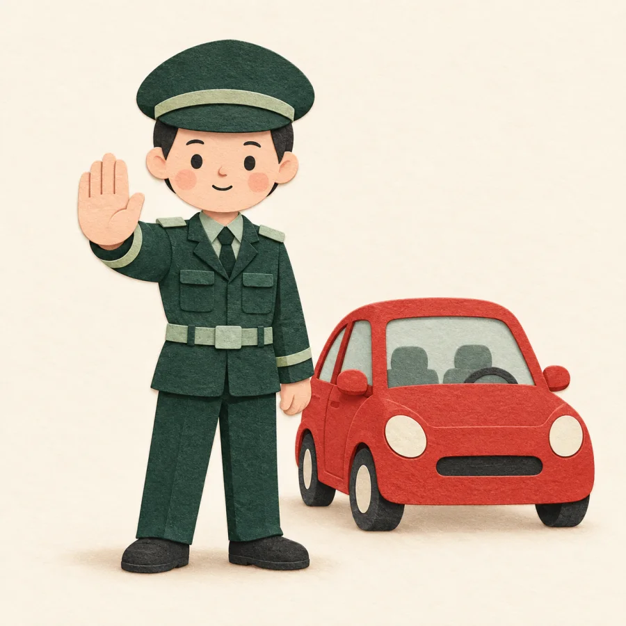 Eine Person von der Verkehrspolizei hält ein Auto an