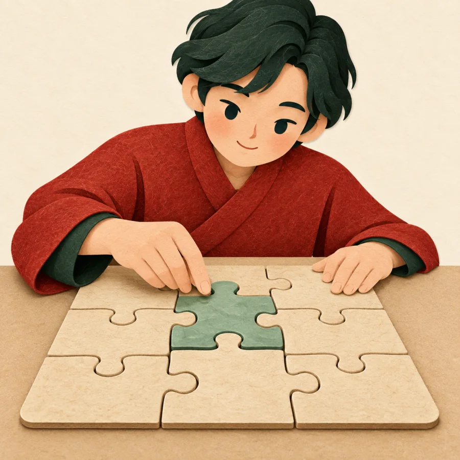 Eine Person setzt ein Puzzleteil ein