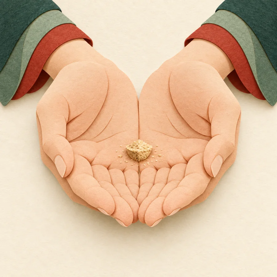 ถ้วยเล็ก ๆ ในสองมือที่แบมืออยู่