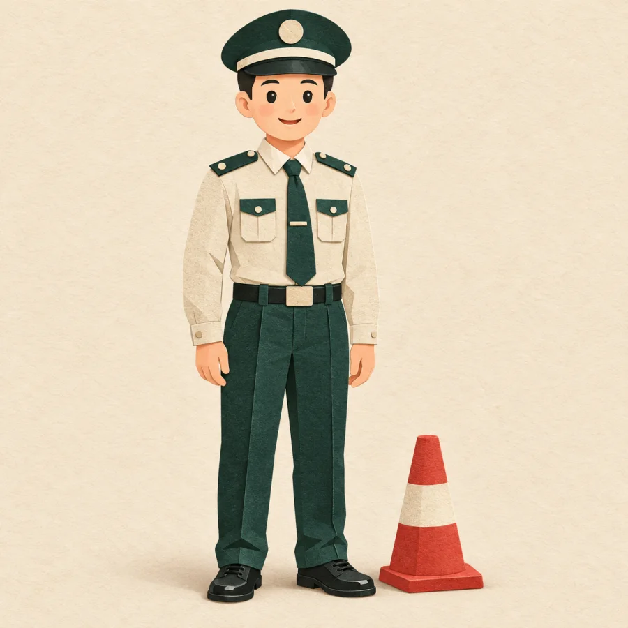 Bir trafik konisinin yanında duran polis memuru
