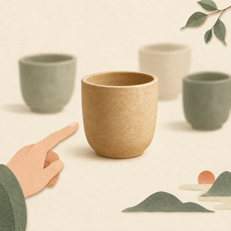 Una mano señalando una taza